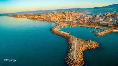 Aerial view of Akcakoca harbor and city landscape