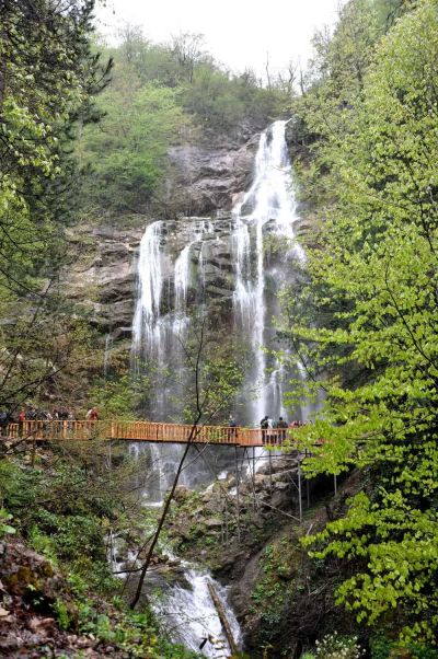 Duzce Waterfalls view from the wooden walkway in spring