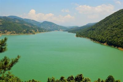 Hasanlar Dam Lake green water and mountain slopes