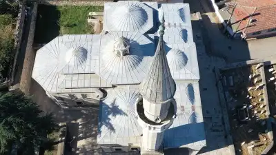 Drone view of the dome and minaret structure of Beylerbeyi Mosque