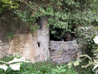 Acısu Kaya Kilisesi giriş bölgesi sarmaşık bitkilerle kaplı