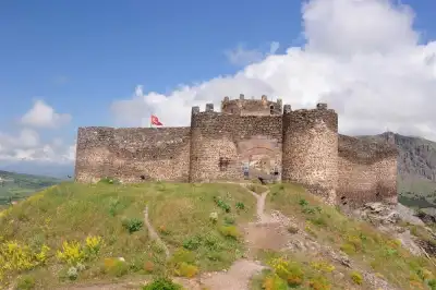 Şebinkarahisar Kalesi taş duvarları yeşil yamaç çiçekli