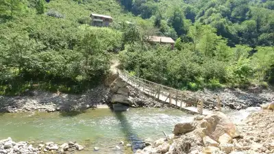 Tekke Köyü Köprüsü ahşap geçiş iskelesi yeşil orman vadisinde