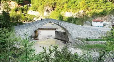 Arch detail of Yaglidere Aga Bridge surrounded by forest